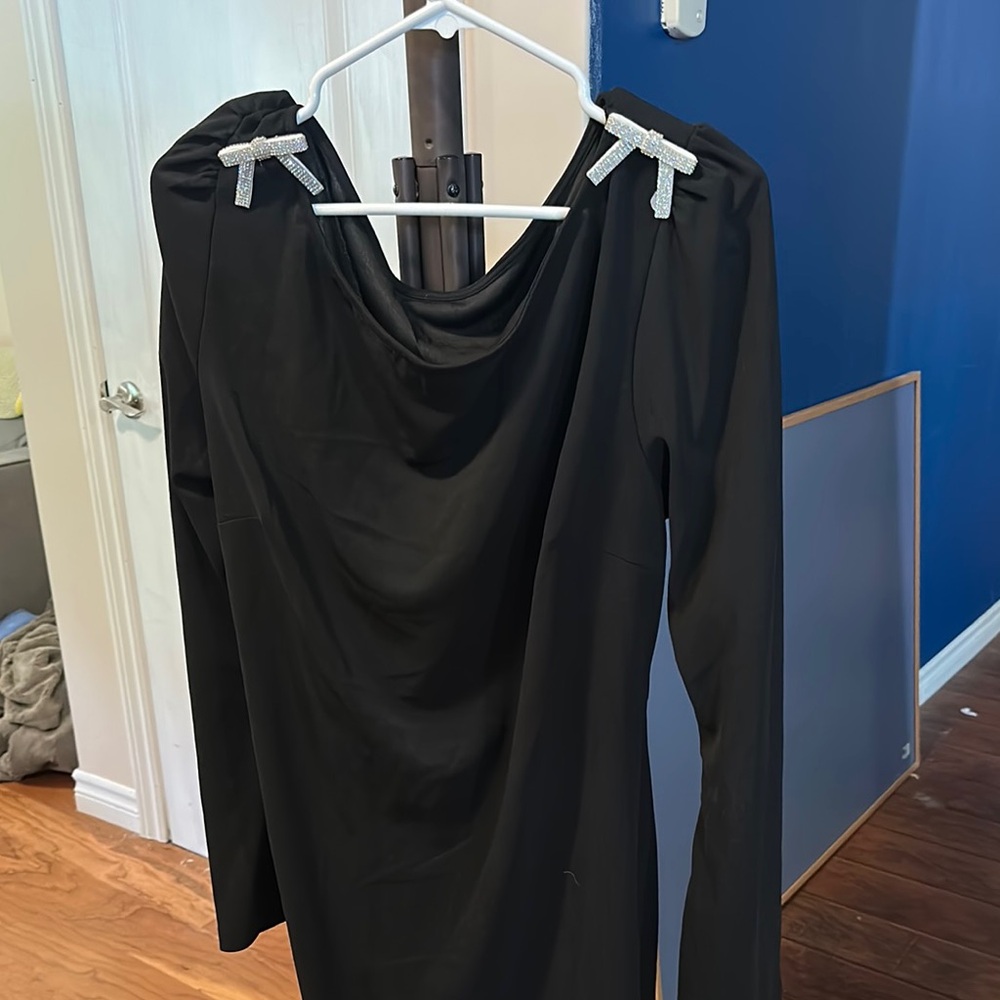 Elegant Black Dress with Silver Bow Accents